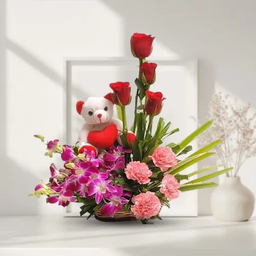 Pristine Mixed Flowers Arrangement with Love Teddy