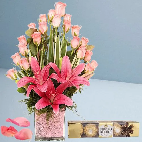 Splendid Selection of Pink Flowers in Vase with Ferrero Rocher