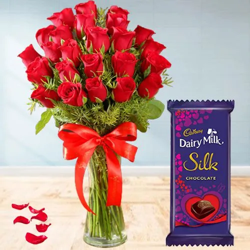 Spectacular Red Roses Vase n Cadbury Valentine Chocolate Gift Combo