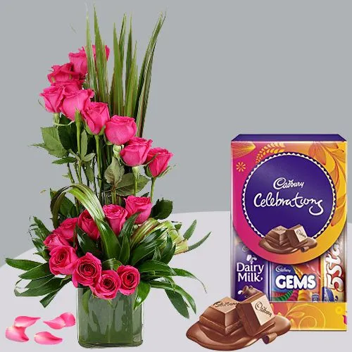 Pristine Pink Roses in Glass Vase n Cadbury Celebrations