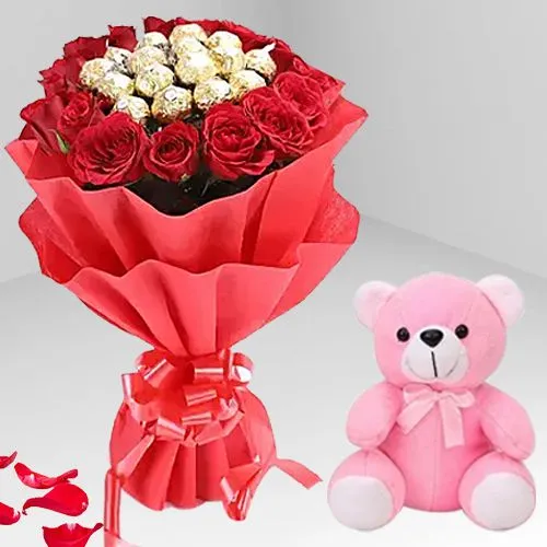 Sweet 16 Red Roses N Ferrero Rocher Bouquet with Soft Teddy
