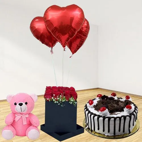 Magical Black Box of Red Roses n Heart Balloons with Black Forest Cake n Teddy