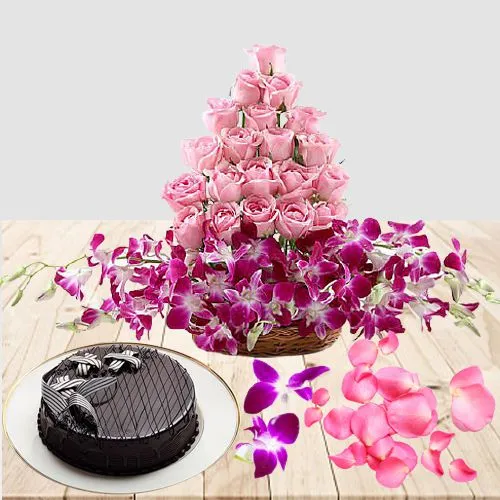 Lovely Chocolate Cake with Mixed Flowers in Basket for Valentine	