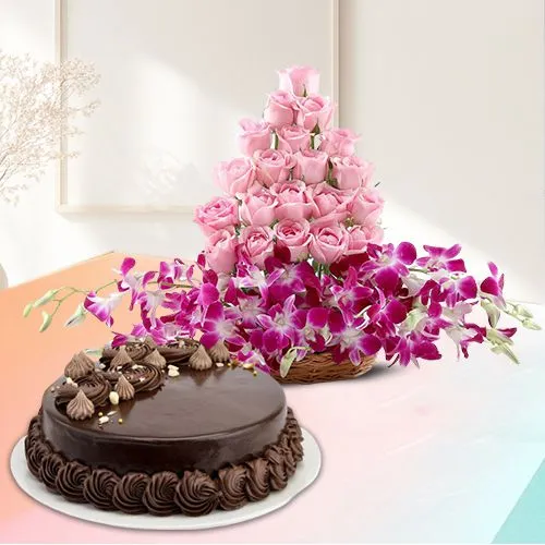 Lovely Chocolate Cake with Mixed Flowers in Basket for Valentine	