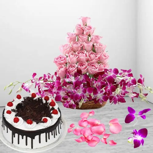Pristine Basket of Pink Roses And Purple Orchids with Black Forest Cake	