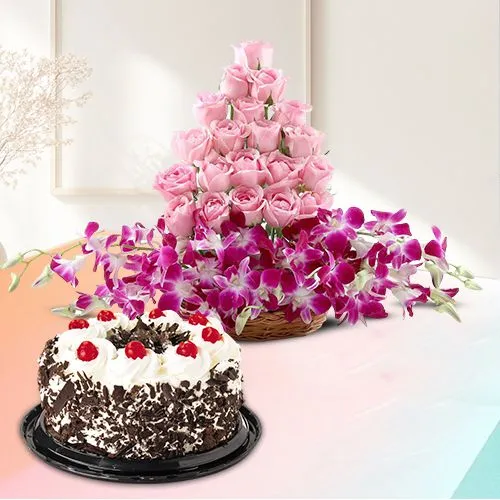 Pristine Basket of Pink Roses And Purple Orchids with Black Forest Cake	