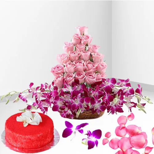 Lovely Basket of Mixed Flowers with Red Velvet Cake