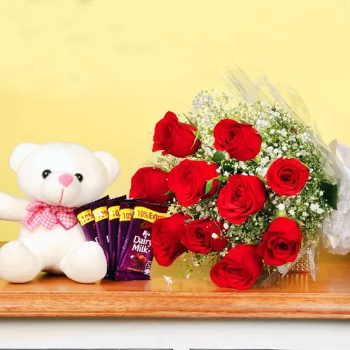 Romantic Combo of Cadbury Chocolates, Red Roses n Teddy Bear for Valentine