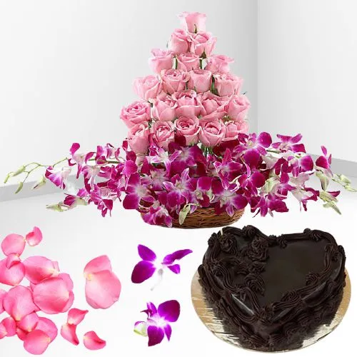 Dazzling Pink Roses n Purple Orchids in Basket with Heart Shape Chocolate Cake