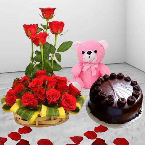 Outstanding Dutch Rose Arrangement with Chocolate Cake  N  Teddy