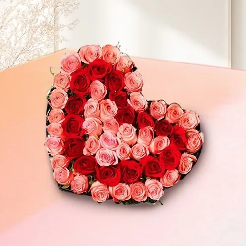 Elegant Love Shape Arrangement Pink N Red Roses	