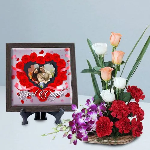 Exclusive Mixed Flowers Arrangement with a Personalized Photo Tile