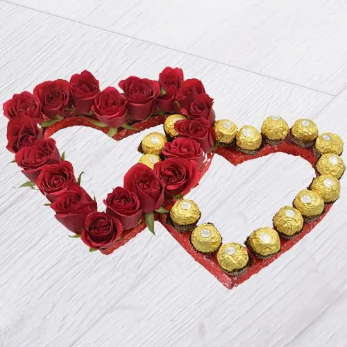 Appealing Gift of 20 Red Roses n 20 Ferrero Rochers in Twin Heart Arrangement