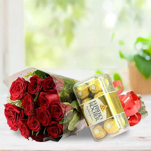 Magical Gift of Red Roses Bouquet n Ferrero Rocher Hazelnut Chocolates