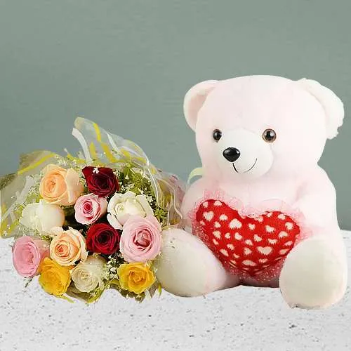 Alluring Combo of Mixed Roses Bouquet n Pink Teddy
