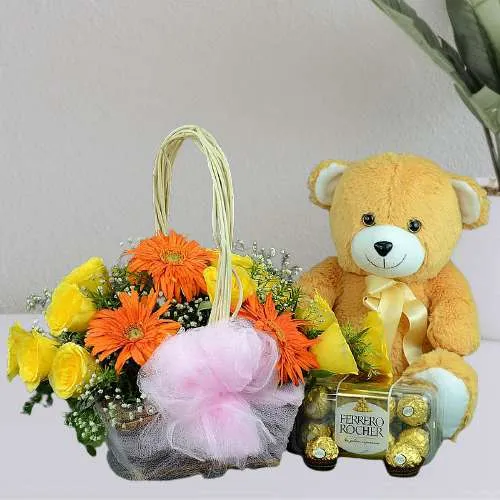 Enigmatic Combo of Ferrero Rocher N Brown Teddy with Mixed Flower Basket