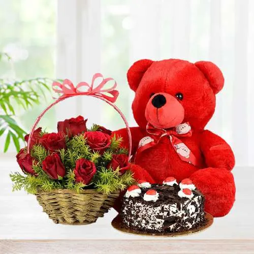 Pristine Love Combo of Red Roses Basket with Black Forest Cake n Red Teddy