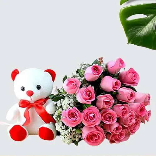 Expressive Pink Roses Bouquet with Red n White Teddy Combo