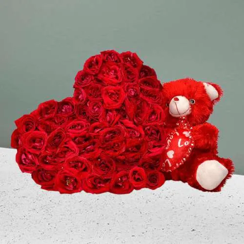 Fantastic Red Roses Heart Arrangement n Red Teddy Combo