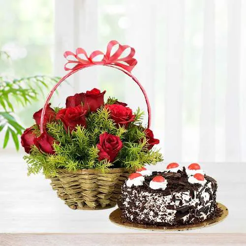 Expressive Red Roses Basket n Black Forest Cake Combo