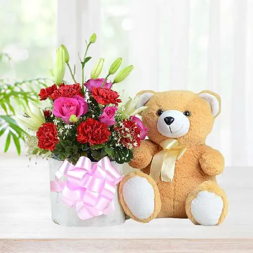 Ravishing Mixed Floral Basket n Brown Teddy Combo