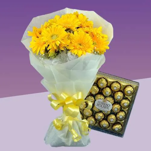 Splendid Yellow Gerberas Bouquet with Ferrero Rocher
