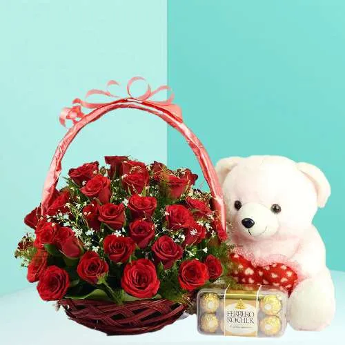 Beautiful Red Roses Basket n Ferrero Rocher with Soft Teddy