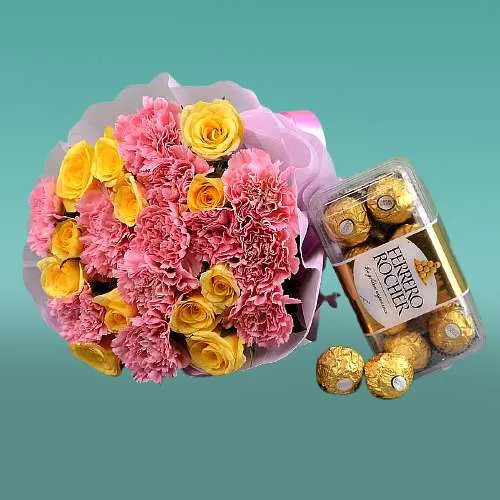 Expressive Yellow Roses n Pink Carnation Bouquet with Ferrero Rocher Combo