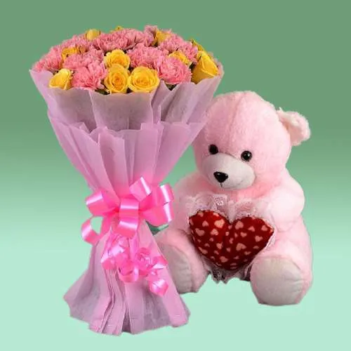 Cheerful Yellow Roses n Pink Carnation Bouquet with Flirty Teddy