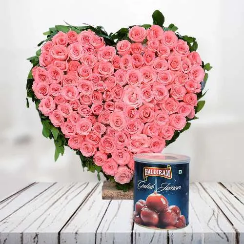 Mesmerizing Pink Roses Basket n Haldiram Gulabjamun Combo