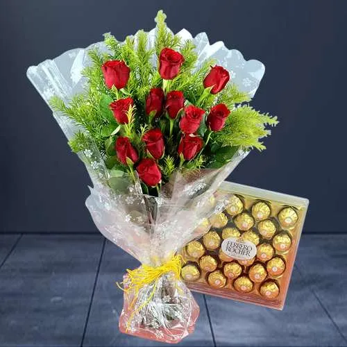 Dazzling Red Roses Bouquet n Ferrero Rocher Combo