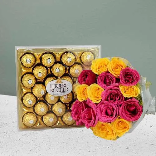 Exuberant Mixed Roses Bouquet n Ferrero Rocher Combo