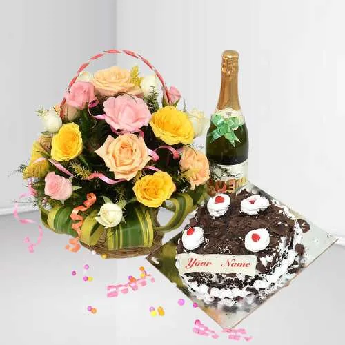 Splendid Rose Bouquet with Black Forest Cake N Juice Bottle