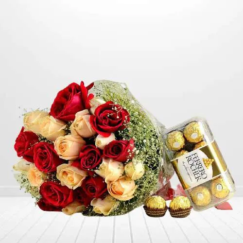 Fantastic Bouquet of Red n Peach Roses with Ferrero Rocher