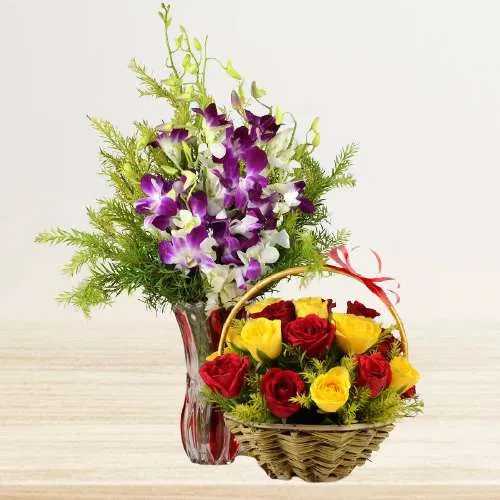 Floral Combo of Orchids in Vase with Mixed Roses Basket