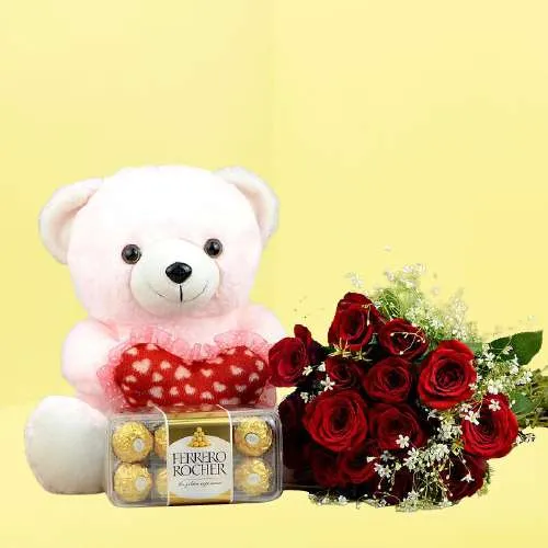 Ravishing Red Roses Long Stem Bouquet n Ferrero Rocher with Flirty Teddy