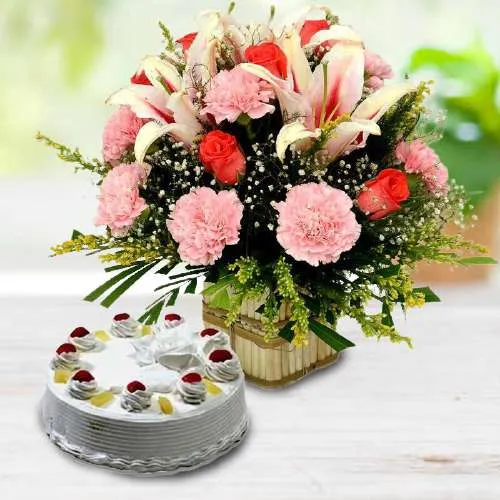 Elegant Mixed Floral Basket with Pineapple Cake