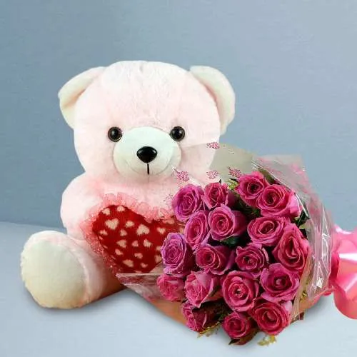 Pretty in Pink Roses Bouquet with Pink Teddy