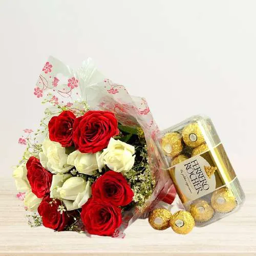 Amazing White Roses n Red Roses Bouquet with Ferrero Rocher