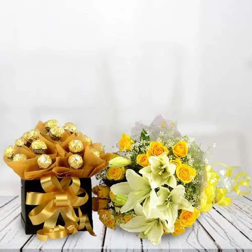 Fantastic Yellow Roses n White Lily Bouquet with Ferrero Rocher