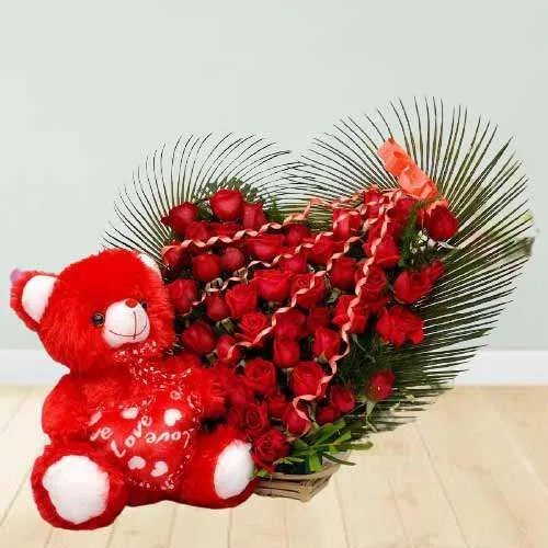 Breathtaking Red Roses Heart Shape Bouquet n Red Teddy Combo
