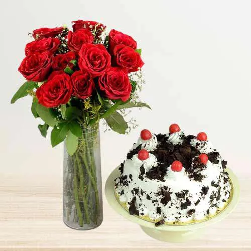 Radiant Red Roses in Vase n Black Forest Cake Combo
