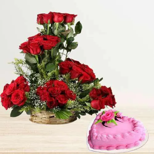 Love Shape Strawberry Cake n Red Roses Basket Combo