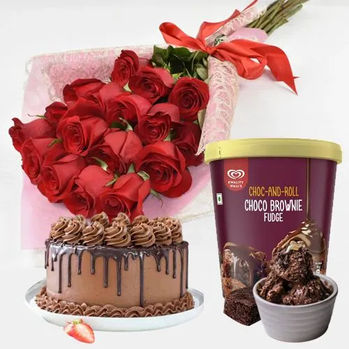 Exquisite Chocolate Cake n Red Roses with Kwality Walls Choco Brownie Fudge Ice Cream
