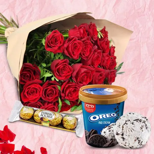 Charming Red Roses with Kwality Walls Oreo Ice Cream n Ferrero Rocher