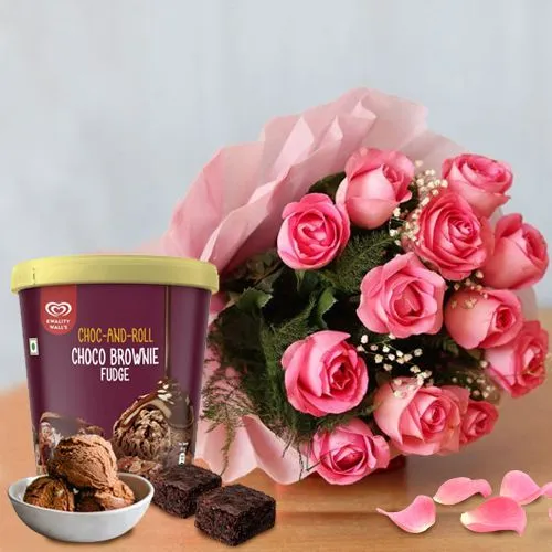 Majestic Pink Roses with Kwality Walls Choco Brownie Fudge Ice Cream