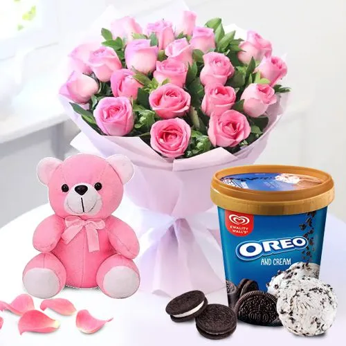 Special Pink Roses Bouquet with Kwality Walls Oreo Ice Cream n Love Teddy