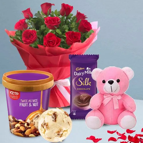 Spectacular Red Roses n Kwality Walls Twin Flavor Ice Cream with Teddy n Cadbury Silk