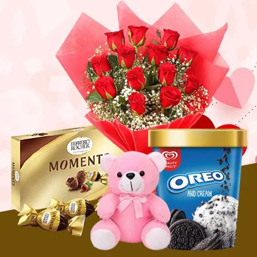Passionate Red Roses n Kwality Walls Oreo Ice Cream with Ferrero Moments n Teddy