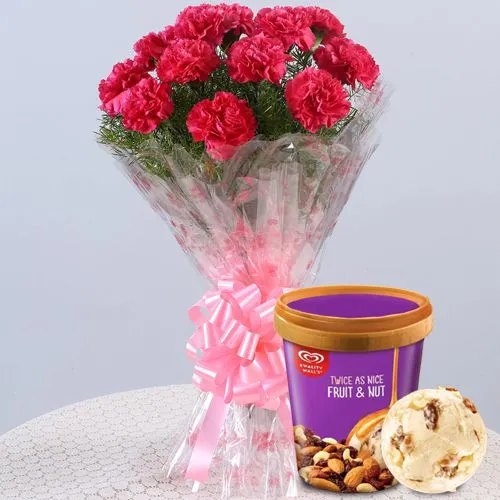 Beautiful Red Carnations Bouquet with Fruit n Nut Ice-Cream from Kwality Walls